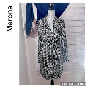 NEW MERONA CHECKERED PLAID RAYON BLACK WHITE BUTTON SHIRT DRESS